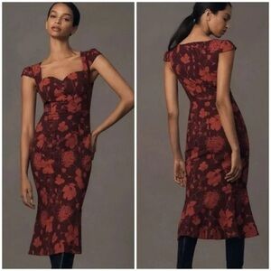 NWT $170 Anthropologie Cecily Sweetheart Fit and Flare Red Floral Dress Size XS